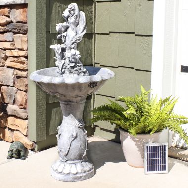 Sunnydaze Outdoor Polyresin Fairy Flower Solar Powered Water Fountain Feature with Battery Backup - 42". View a larger version of this product image.