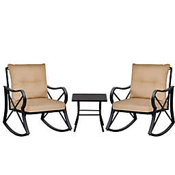 Outsunny 3-Piece Patio Bistro Set Outdoor Rocking Coffee Table Chair Set with Curved Base, Soft Cushions, Steel Frame, Beige