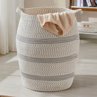 Extra Large Woven Cotton Rope Tall 25" Height Laundry Hamper Basket with Handles. View a larger version of this product image.