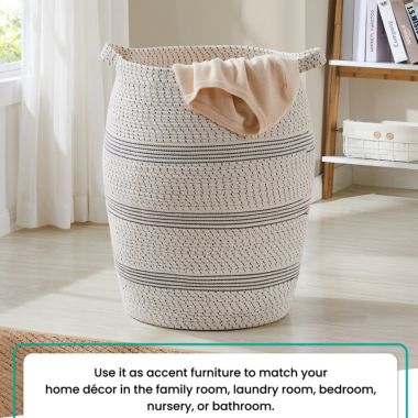 Extra Large Woven Cotton Rope Tall 25" Height Laundry Hamper Basket with Handles. View a larger version of this product image.
