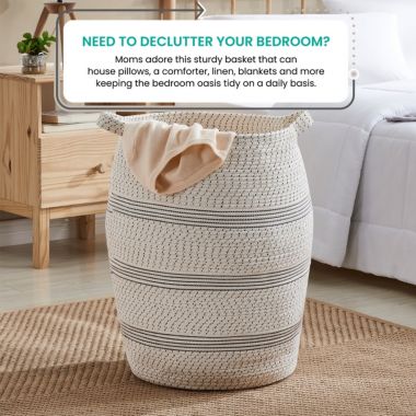 Extra Large Woven Cotton Rope Tall 25" Height Laundry Hamper Basket with Handles. View a larger version of this product image.