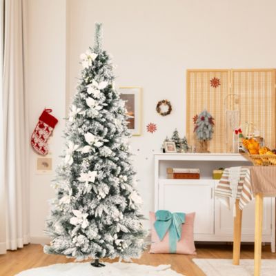 Gymax 5/6/7/8 FT Artificial Snow Flocked Pencil Christmas Tree w/ White Berries & Flowers