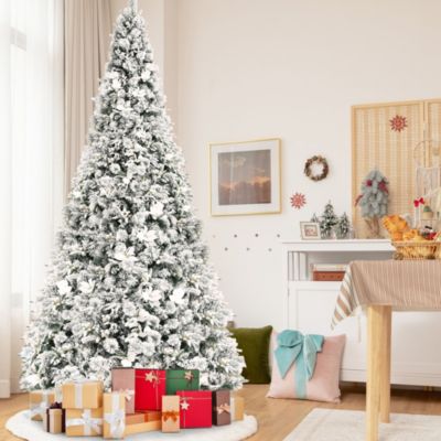 Gymax 5/6/7/8 FT Artificial Snow Flocked Christmas Tree Hinged Xmas Tree w/ Metal Stand