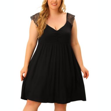 Agnes Orinda 2023 Sleep Dress for Women Plus Size Lace Cap Sleeve Sleep Dress V Neck Nightwear Loungewear 3X Black. View a larger version of this product image.