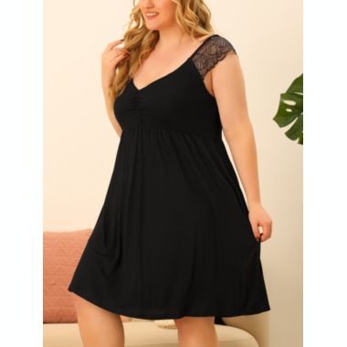 Agnes Orinda 2023 Sleep Dress for Women Plus Size Lace Cap Sleeve Sleep Dress V Neck Nightwear Loungewear 3X Black. View a larger version of this product image.