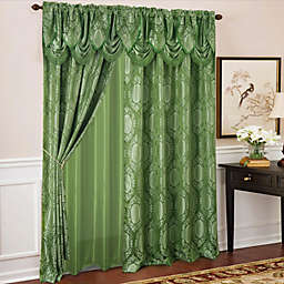 Olivia Gray Kenyon Damask Textured Jacquard 54 x 84 in. Single Rod Pocket Curtain Panel w/ Attached 18 in. Valance in Sage