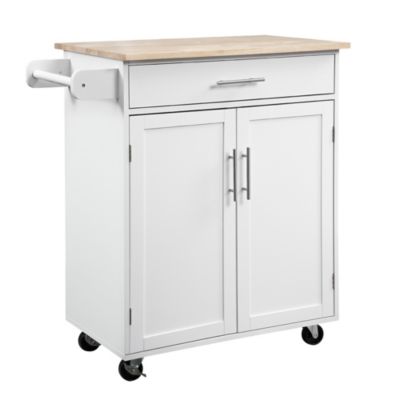 HOMCOM Kitchen Island Cart Rolling Trolley Cart with Drawer, Storage Cabinet & Towel Rack, White