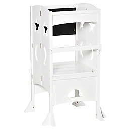 Qaba Kids Foldable Kitchen Step Stool with Chalkboard and Lockable Handrail for Children 3-6 Years Old, White