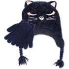 Alternate image 0 for Fab Big Girl's 2 Pc Chenille Kitty Trapper Hat & Gloves Set -Navy One Size