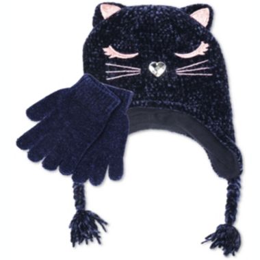 Fab Big Girl's 2 Pc Chenille Kitty Trapper Hat & Gloves Set -Navy One Size. View a larger version of this product image.