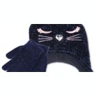 Alternate image 1 for Fab Big Girl's 2 Pc Chenille Kitty Trapper Hat & Gloves Set -Navy One Size