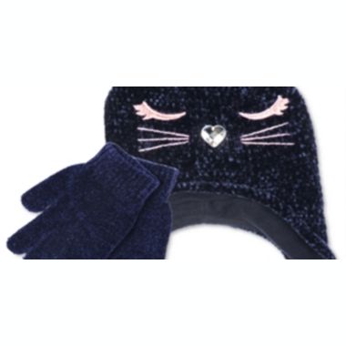 Fab Big Girl's 2 Pc Chenille Kitty Trapper Hat & Gloves Set -Navy One Size. View a larger version of this product image.
