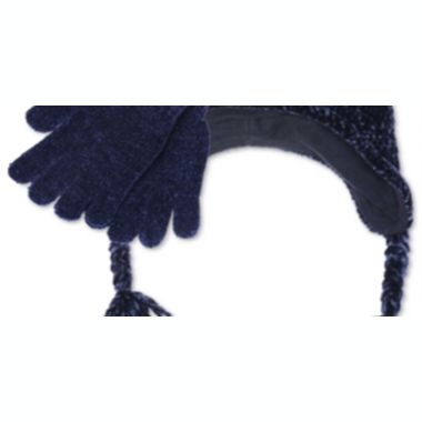 Fab Big Girl's 2 Pc Chenille Kitty Trapper Hat & Gloves Set -Navy One Size. View a larger version of this product image.
