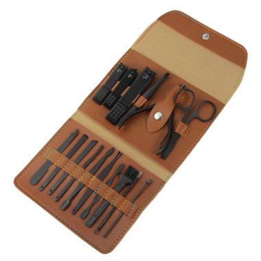 Unique Bargains 16 Pieces Manicure Set with Brown PU Leather Case, Personal Care Tool Kits, Stainless Steel Pedicure Set, Nail Clippers Scissors for Women, Black. View a larger version of this product image.