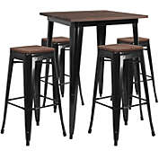 Emma + Oliver 31.5" Square Black Metal/Wood Bar Table Set - 4 Backless Stools