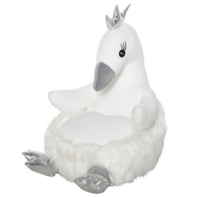 Qaba Stuffed Animal Sofa Armrest Chair Cartoon Storage Bean Bag Chair for Kids with Cute Swan Flannel PP Cotton 22&quot; x 16.5&quot; x 22&quot; White