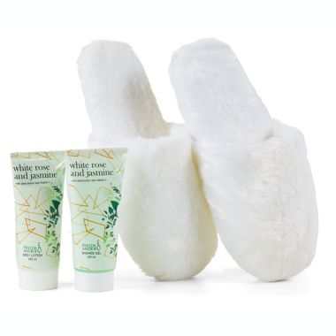 Freida and Joe Bath & Body Spa Gift Set in White Rose Jasmine Fragrance with Luxury Slippers. View a larger version of this product image.