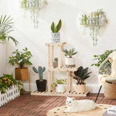 SONGMICS Plant Stand, Small Solid Wood Plant Holder Rack with 6 Spots for Flower Pots, 3-Tier Indoor Plant Shelf, for Small Spaces, Living Room, Balcony, Corners, Natural. View a larger version of this product image.