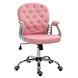 Vinsetto Vanity PU Leather Mid Back Office Chair Swivel Tufted Backrest Task Chair with Padded Armrests, Adjustable Height, Rolling Wheels, Pink
