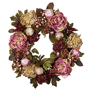 Nearly Natural Peony Hydrangea Artificial Spring Floral Wreath, Pink and Red - 24-Inch. View a larger version of this product image.