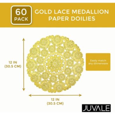 Juvale Gold Round Medallion Paper Lace Doilies (12 in, 60 Pack). View a larger version of this product image.