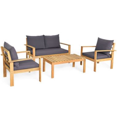Costway 4 Piece Outdoor Acacia Wood Chat Set with Removable Cushions and Table. View a larger version of this product image.