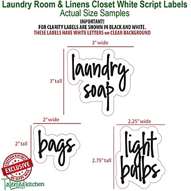Talented Kitchen 141 Laundry Room Labels for Containers, Preprinted White Script on Clear Vinyl Household Organization Stickers + Numbers for Linen Closet, Glass Cleaning Bottles (Water Resistant). View a larger version of this product image.