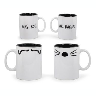 Friends TV Show Mr. Rachel Cat Whiskers and Mrs. Ross Moustache Double-Sided Ceramic Mugs Set of 2 Funny Couples Gift Set Each Mug Holds 15 Ounces. View a larger version of this product image.