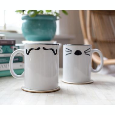 Friends TV Show Mr. Rachel Cat Whiskers and Mrs. Ross Moustache Double-Sided Ceramic Mugs   Set of 2   Funny Couples Gift Set   Each Mug Holds 15 Ounces. View a larger version of this product image.