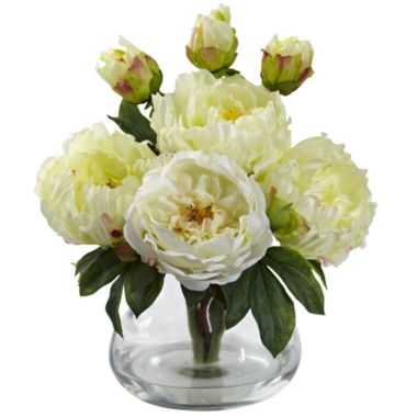 Nearly Natural Peony and Rose Silk Arrangement with Vase, White. View a larger version of this product image.