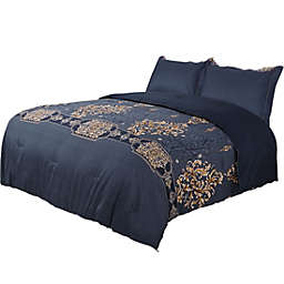 PiccoCasa 3 Pcs Luxury Floral Duvet Comforter Set With 2 Pillowcase Dark Blue, Twin