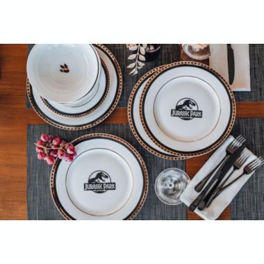 Jurassic Park Logo 16-Piece Ceramic Dinnerware Set Replica   Movie-Authentic Dinosaur Dish Set   Includes Dinner Plates, Salad Plates, Soup Bowls, Mugs   Place Setting For 4. View a larger version of this product image.