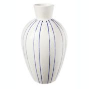 Urban Trends Collection Ceramic Round Vase with Trumpet Mouth, Blue Vertical Line Pattern and Tapered Bottom SM Gloss Finish White
