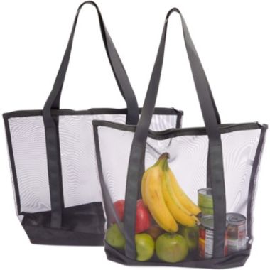 Okuna Outpost Mesh Tote Bags with Zipper for Grocery Shopping, Beach (Black, Large, 2 Pack). View a larger version of this product image.