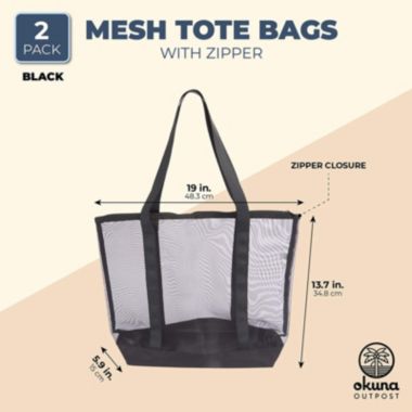 Okuna Outpost Mesh Tote Bags with Zipper for Grocery Shopping, Beach (Black, Large, 2 Pack). View a larger version of this product image.