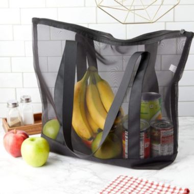 Okuna Outpost Mesh Tote Bags with Zipper for Grocery Shopping, Beach (Black, Large, 2 Pack). View a larger version of this product image.