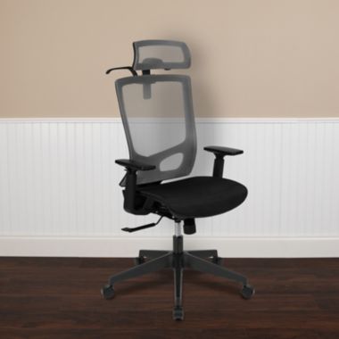 Flash Furniture Ergonomic Mesh Office Chair with Synchro-Tilt, Pivot Adjustable Headrest, Lumbar Support, Coat Hanger & Adjustable Arms-Gray/Black. View a larger version of this product image.