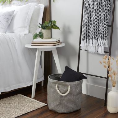 DII Gray and Silver Round Woven Paper Bin with Rope Handles - 12 inches. View a larger version of this product image.