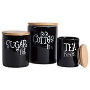 Contemporary Home Living Set of 3 Black and Beige Coffee Sugar Tea Named Canisters 11.75"