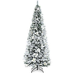 Costway Snow Flocked Christmas Pencil Tree with Berries and Poinsettia Flowers- 8 ft
