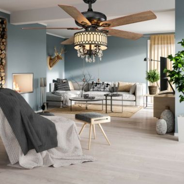 Hooya Imp.& Exp. 52 Inch Crystal Ceiling Fan Lamp w/ 5 Reversible Blades. View a larger version of this product image.