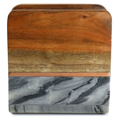 Laurie Gates California Designs 6.25 Inch Acacia Wood and Grey Marble Napkin Holder with Bronze Accent. View a larger version of this product image.