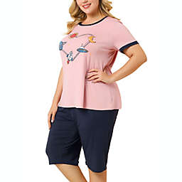 Agnes Orinda Women's Plus Size Short Sleeve Heart Pattern Round Neck Pajamas Set 4X Pink