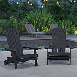 Merrick Lane Set of 2 Riviera Poly Resin Folding Adirondack Lounge Chair - All-Weather Indoor/Outdoor Patio Chair in Black