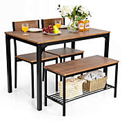 Gymax 4pcs Dining Table Set Rustic Desk 2 Chairs & Bench w/ Storage Rack