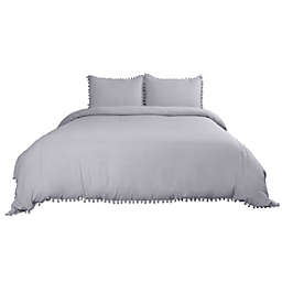 PiccoCasa Polyester Washed Pompon Bedding Duvet Cover, Queen Gray