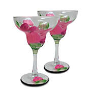 Crafted Creations Set of 2 Pink Peony Floral Hand Painted Margarita Stemware Glasses 6.75"