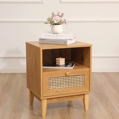 Tolead Nightstand with Natural Rattan Door Rattan Drawer, Wooden Bedside Table End Table. View a larger version of this product image.