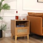 Alternate image 1 for Tolead Nightstand with Natural Rattan Door Rattan Drawer, Wooden Bedside Table End Table