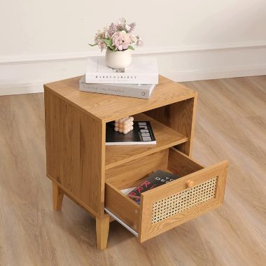 Tolead Nightstand with Natural Rattan Door Rattan Drawer, Wooden Bedside Table End Table. View a larger version of this product image.